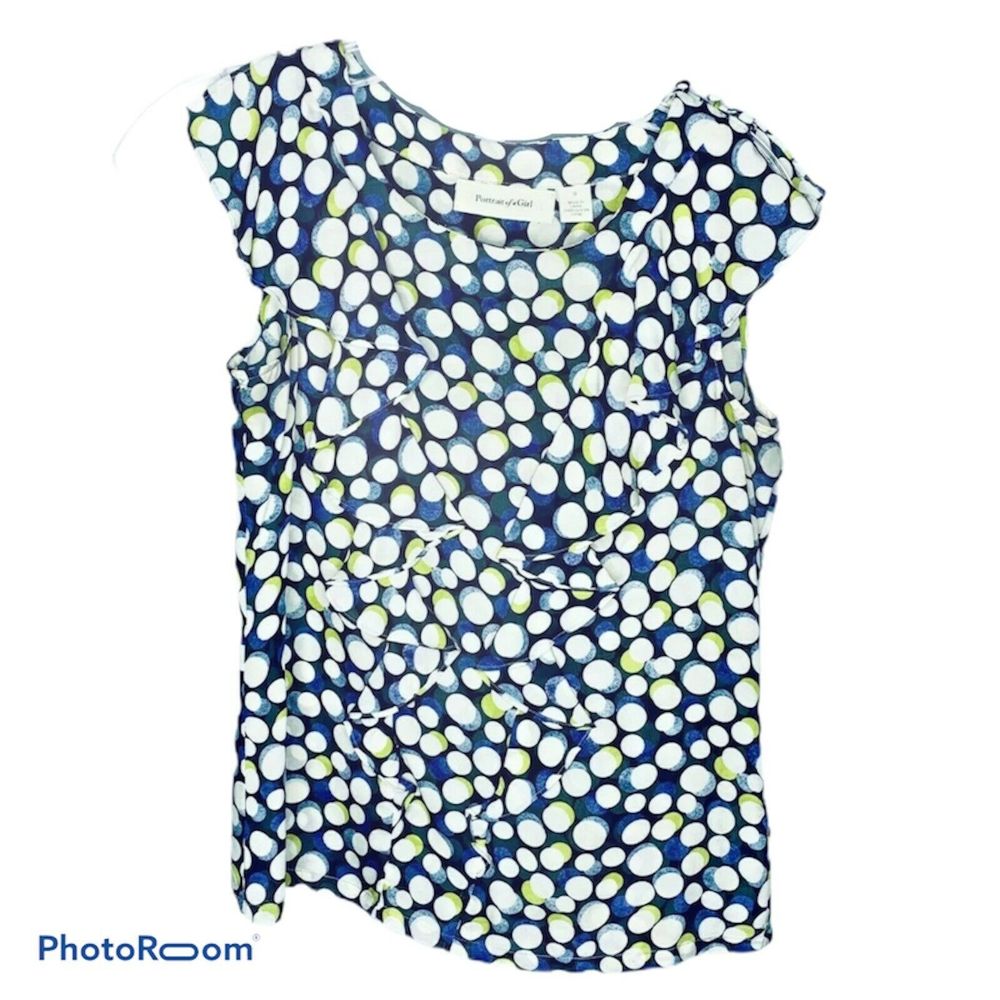 Anthropologie Portrait Of A Girl Silk Blouse Blue Yellow White Polka Dots Size 0